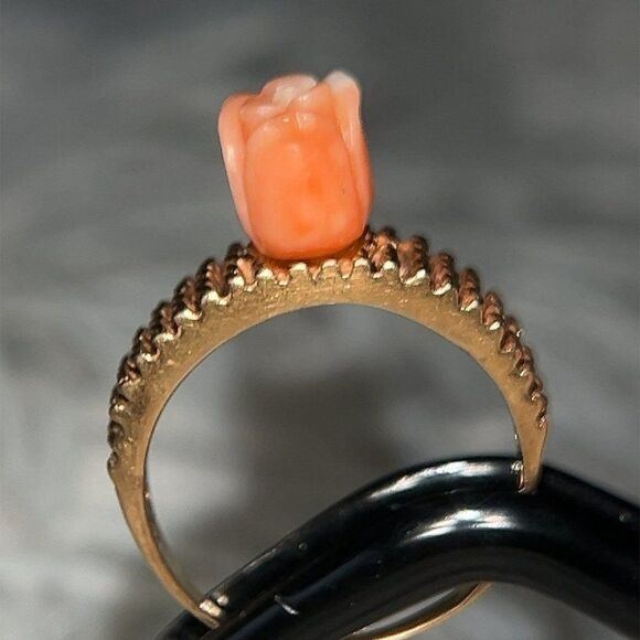 14k Coral Carved Rose Ring - Picture 6 of 10